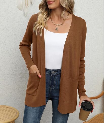LILBETTER Womens Casual Lightweight Long Sleeve Open Front Cardigan Sweaters with Pockets in Kuwait
