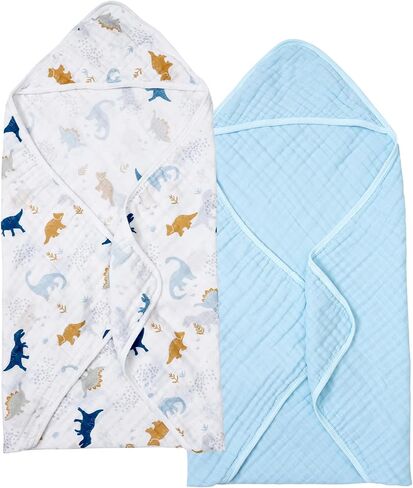 PHF 2 Pack Baby Hooded Towels, 100% Muslin Cotton Baby Bath Towel with Hood for Newborn, Infant, Toddler, Ultra Soft and Absorbent Baby Essentials Bath Towels for Boys, 32x32Inch, Dinosaur in Saudi Arabia