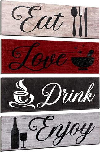 4 Pieces Wood Kitchen Decor Sign Rustic Wooden Eat Drink Love Enjoy Wood Wall Decor Sign with Hanging Hole for Farmhouse Home Kitchen Dining Living Room Bar Cafe Decor (Retro Color) in Saudi Arabia