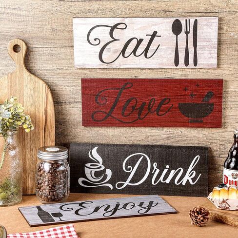 4 Pieces Wood Kitchen Decor Sign Rustic Wooden Eat Drink Love Enjoy Wood Wall Decor Sign with Hanging Hole for Farmhouse Home Kitchen Dining Living Room Bar Cafe Decor (Retro Color) in Saudi Arabia