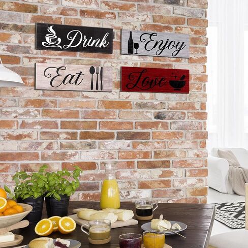 4 Pieces Wood Kitchen Decor Sign Rustic Wooden Eat Drink Love Enjoy Wood Wall Decor Sign with Hanging Hole for Farmhouse Home Kitchen Dining Living Room Bar Cafe Decor (Retro Color) in Saudi Arabia