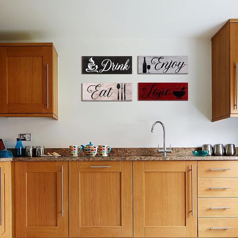 4 Pieces Wood Kitchen Decor Sign Rustic Wooden Eat Drink Love Enjoy Wood Wall Decor Sign with Hanging Hole for Farmhouse Home Kitchen Dining Living Room Bar Cafe Decor (Retro Color) in Saudi Arabia