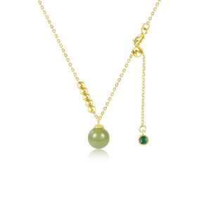 Dainty Hetian Jade Choker Necklace Round Pendant Women in 14K Gold Filled 16 inches Long with Green Zircon Adjustable Jewelry Good Fortune Gift for Her (Heart)