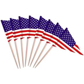 CANTENDO 100 Pcs USA American Triangle Toothpick Flags, Small Mini Stick Cupcake Toppers US Flags Party Decoration Celebration Cocktail Food Bar Cake Flags