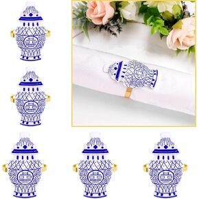 Blue White Napkin Rings Set of 6 Hand Painted Home Table Decoration, Lucky Day Summer Wedding Casual Baby Shower Birthday Party Napkin Ring Holders (6, Art Deco)