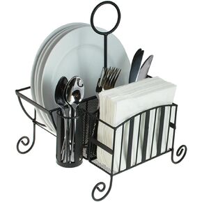 MyGift Buffet Organizer Caddy, Black Metal Silverware Utensil Holder Napkin Picnic Plate and Flatware Holder with Handle, All in One Carrier for BBQ Parties and Events