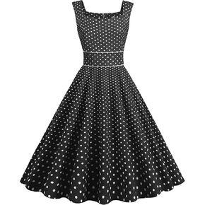 Wellwits Women's Strap Sundress Polka Dots Simple Elegant 1950s Vintage Dress