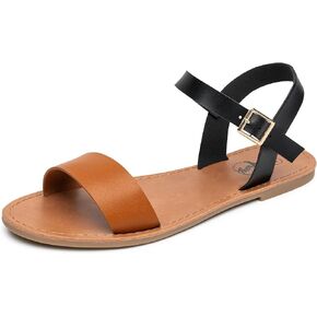 Trary Sandals for Women Dressy Summer, Leather Flat Sandals for Women, Ankle Strap Gladiator Sandals, Cute Open Toe One Band Two Tone Sandals, Adjustable Metal Buckle Sandals, Comfortable Wedding Sandals for Women