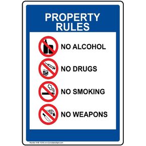 ComplianceSigns.com Property Rules No Alcohol No Drugs No Smoking No Weapons Label Decal, 7x5 inch Vinyl for Alcohol/Drugs/Weapons, Made in USA