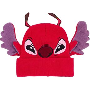 Disney Stitch Beanie Hat, Leroy Cuff Winter Knit Cap with 3D Ears and Antenna, Red, One Size