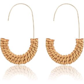 Rattan Earrings for Women Handmade Straw Wicker Braid Hoop Earrings Lightweight Wire Drop Dangle Earrings Fashion Jewelry