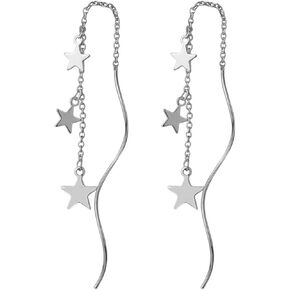 4 Pcs Star Chain Tassel Threader Earrings for Women Silver Lightweight Star Beaded Curved Ear Line Wave Dangle Drop Earrings Minimalist Charm Long Threader Earrings Set