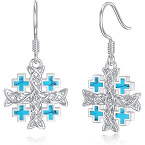 PROESS Crusaders Jerusalem Cross Dangle Earrings 925 Sterling Silver Turquoise Celtic Knot Jerusalem Cross Drop Earrings Jewelry Gifts for Women