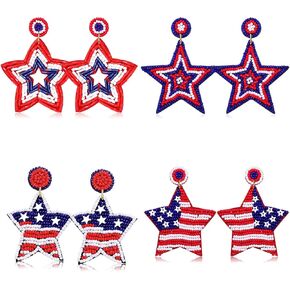 4 Pairs 4th of July Earrings American Flag Earrings Patriotic Earrings for Women Handmade Beaded USA Butterfly Star Earrings Layered Tassel Earrings Independence Day Jewelry Gifts
