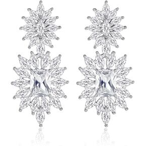 White Gold Plated Rectangle Square Shaped Swarovski Elements Crystal Wedding Bridal Bridesmaid Clear Cubic Zirconia Stud Dangle Earrings Fashion Jewelry for Women__
