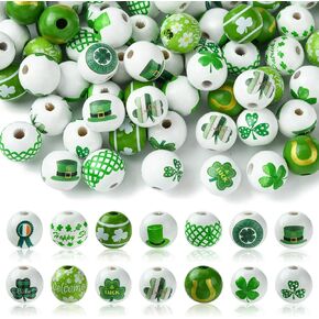 UR URLIFEHALL 100 Pcs St Patrick's Day Wood Beads 16mm Shamrock Wood Beads Green Wood Beads Lucky Clover Beads for Easter St. Patrick’s Day Home Decor