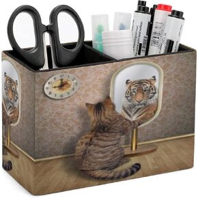 Pencil Holder for Desk, Funny Cat Tiger Animal Pen Holder Storage Desktop Pen Organizer Desk Pencil Organizer Makeup Brush Holder for Office School College Leather