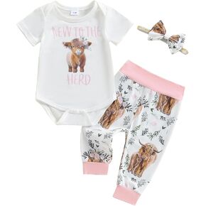 Western Newborn Baby Girl Clothes New to The Herd Romper Highland Cow Pants Headband Set Coming Home Outfit