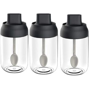 Kitchen Seasoning Containers 3 Pack Glass Spice Jars Container Transparent Sealed Storage Seasoning Box Lid with Spoon Kitchen Bottles - Black