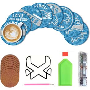Bartogro 8 Pcs Diamond Painting Coasters Kit, DIY Football Diamond Art Coasters with Holder for Detroit Adults Kids