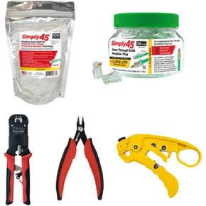 Pass Through Cat6 UTP Starter Kit - Includes Cat6 Unshielded, Flush Cutter Tool, Strain Relief, Crimp Tool, Cable Stripper - S45-PTK6U