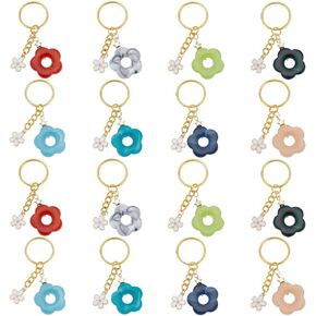 16pcs Flowers Charms Keychains, 8 Colors Alloy Enamel Cute Flowers Chain Bag Purse Charms Floral Keyrings for Gifts Car Keys Wallet Women Handbag Pendant Bag Accessories