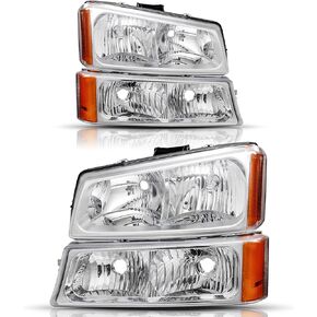 Headlight Compatible with 2003 2004 2005 2006 Chevy Silverado Avalanche 1500 2500 3500 Headlights Bumper Turn Signal Lamps, Driver and Passenger Side, Black