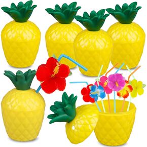 6-Pack Pineapple Cups for Hawaiian Luau Party with 12 Flower Straws Pineapple Drink Cups Lids Food-Grade PP Plastic Aloha Tropical Beach Jungle Moana Themed Birthday Party Fun Drink Decoration Cups