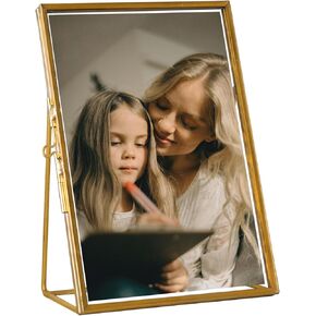 5x7 Picture Frame, Glass Gold Floating Frame, Vintage Style Antique Brass Tabletop Standing Frames with Locket Closure and Angled Base, for Pictures, Art, Mementos, Keepsakes