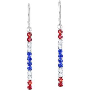 AeraVida Patriot Red White Blue Cubic Zirconia Studded .925 Sterling Silver Vertical Bar Drop Earrings | Vertical Patriots Earrings for Women