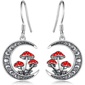 Moon Mushroom Earrings for Women,925 Sterling Silver Magical Red Mushroom Dangle Moon Phase Earrings,Anniversary Birthday Gifts for Women Teen Mom