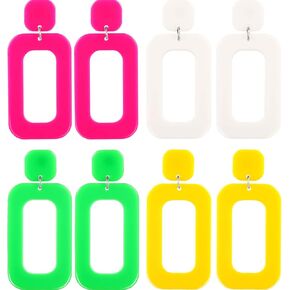 Boao 4 Pairs 70s 80s Neon Earrings Women Retro Earrings Vintage Minimalist Multicolor Geometric Square Hollow Drop Dangle Earrings for Party Costume 1980s Accessory