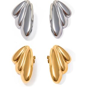 Chunky Gold Hoop Earrings for Women, Gold Earrings Wings Textured Dome Earrings Drop Earrings Hypoallergenic, Gold Plated Wings Earrings for Girls Gift Fashion Jewelry Big Shell