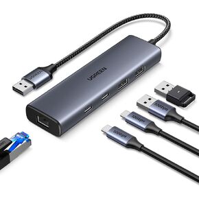 UGREEN USB to Ethernet Adapter, 5 in 1 USB Hub with Ethernet with 2* USB-C 3.2 (10Gbps) + 1*USB-A 3.2/1*USB-A 2.0/Gigabit RJ45, USB to Network LAN Internet Dongle for Laptop, MacBook Pro/Air, XPS