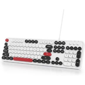 Owpkeenthy Retro Typewriter Cute Keyboard with Floating Round Keys, Full Size Wired USB Keyboard Click Feeling with Foldable Stands for Laptop Office PC Desktop Windows (Minimalist Black)