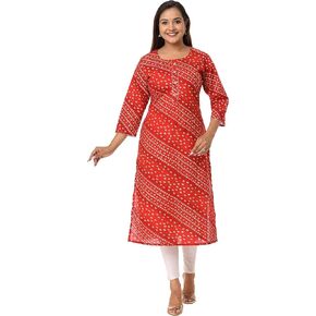 Vihaan Impex bandhej Printed Casual Women Kurta Kurti Red Tunic Top 3/4 Sleeve