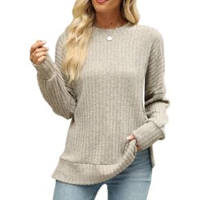 CiCiBird Women Casual Long Sleeve Shirt Loose Crew Neck Tunic Tops Fall Ribbed Pullover Shirts