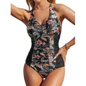 CUPSHE Women's One Piece Swimsuit Bathing Suit Deep V Neck Ruched Crisscross Back Straps Cheeky Bottom