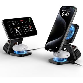 3-in-1 Wireless Charger Stand, LULULOOK 15W Magnetic Charger Wireless Fast Charging Station for iPhone 15/14 Series, Aluminum Alloy 5W Charger for Apple Watch, AirPods, USB-C Charging Cable Included