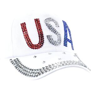 Bling Rhinestone Hats, USA Design Men Womens Baseball Cap Golf Hat Jeans Wash Denim Adjustable (White)