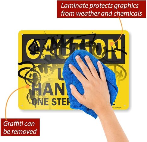 SmartSign - S-4399-AL-14 "Caution - Use Handrail, One Step at a Time" Sign | 10" x 14" Aluminum Black on Yellow in Saudi Arabia