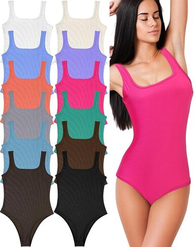 12 Pack Women's Bodysuits Ribbed Square Neck Sleeveless Shapewear Slimming Tank Tops Bodysuits, 12 Colors in Saudi Arabia