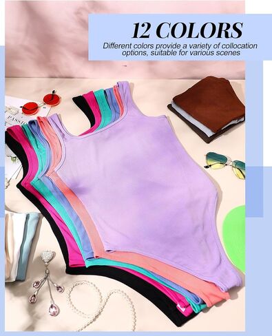 12 Pack Women's Bodysuits Ribbed Square Neck Sleeveless Shapewear Slimming Tank Tops Bodysuits, 12 Colors in Saudi Arabia