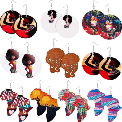 10 Pairs African Round Wooden Earrings Ethnic Style African Map Earrings Multicolor Earrings for Women in Saudi Arabia