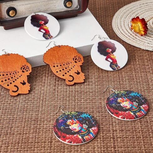 10 Pairs African Round Wooden Earrings Ethnic Style African Map Earrings Multicolor Earrings for Women in Saudi Arabia
