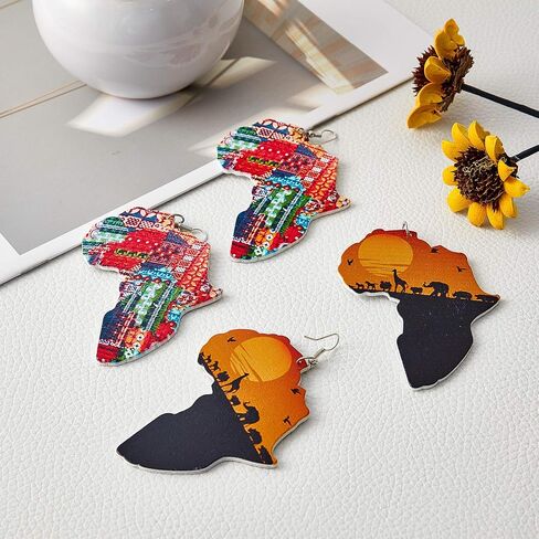 10 Pairs African Round Wooden Earrings Ethnic Style African Map Earrings Multicolor Earrings for Women in Saudi Arabia