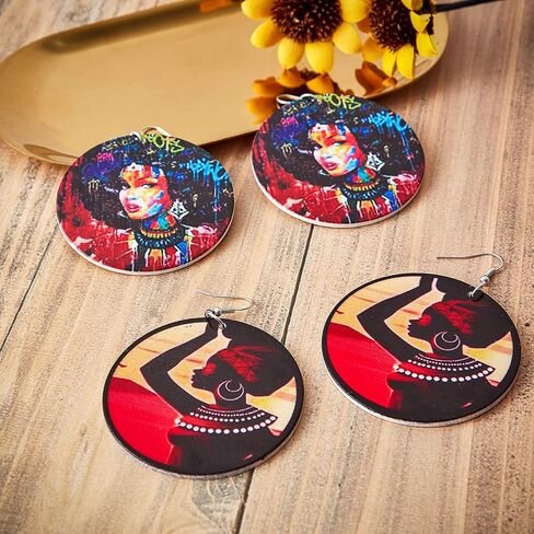 10 Pairs African Round Wooden Earrings Ethnic Style African Map Earrings Multicolor Earrings for Women in Saudi Arabia