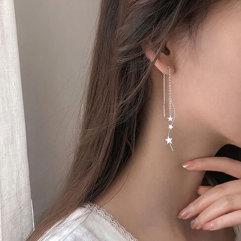 4 قطع من أقراط سلسلة شرابة للنساء فضية خفيفة الوزن ومطرزة على شكل نجمة منحنية وخط أذن مموج متدلي أقراط متدلية بسيطة مجموعة أقراط خيط طويلة in Saudi Arabia