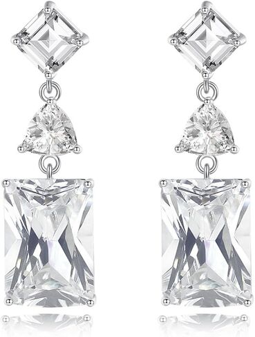 White Gold Plated Rectangle Square Shaped Swarovski Elements Crystal Wedding Bridal Bridesmaid Clear Cubic Zirconia Stud Dangle Earrings Fashion Jewelry for Women__ in Saudi Arabia