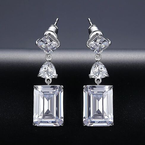 White Gold Plated Rectangle Square Shaped Swarovski Elements Crystal Wedding Bridal Bridesmaid Clear Cubic Zirconia Stud Dangle Earrings Fashion Jewelry for Women__ in Saudi Arabia